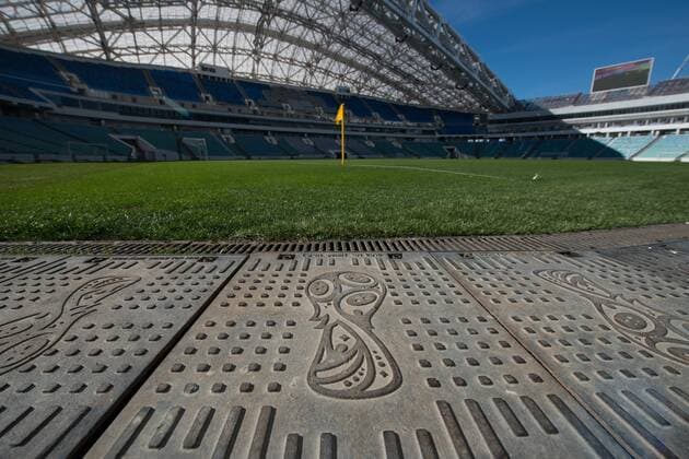 SOCHI, RUSSIA - FEBRUARY 27, 2017: A pitch of Fisht Olympic Stadium in Sochi s Olympic Park. The stadium is to host matches of the 2018 FIFA World Cup WM Weltmeisterschaft Fussball in Russia. Artur Lebedev TASS  TS042B60