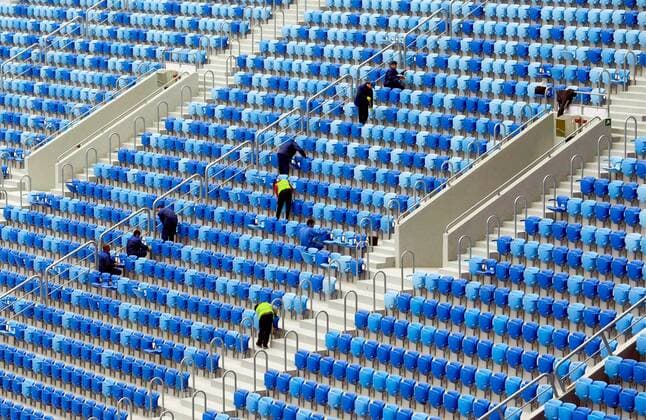 ST PETERSBURG, RUSSIA - FEBRUARY 27, 2017: Stands of Zenit Arena Stadium. The FIFA inspection committee is satisfied with the stadium s readiness to host 2017 FIFA Confederations Cup and 2018 FIFA World Cup WM Weltmeisterschaft Fussball matches. Alexander Demianchuk TASS  TS042CBC
