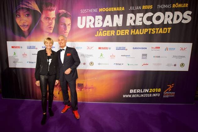 Leichtathletik Berlin 27.02.2017 BEM 2018 Leichtathletik EM 2018 in berlin Weltpremiere von Urban Records Image Film Zoo Palast Berlin Heike Drechsler ehemalige Weitspringern Frank Kowalski (BEM 2018 Geschäftsführer)