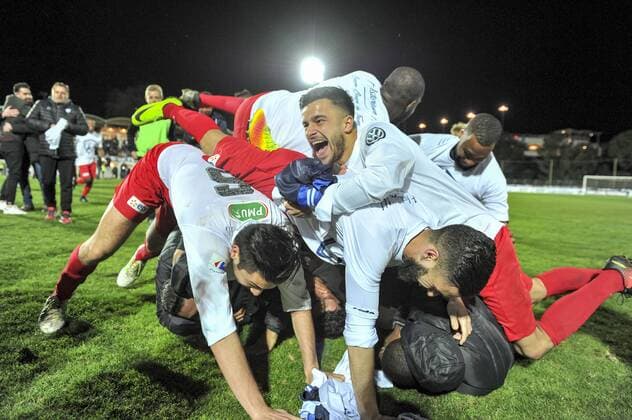Joie frejus Saint Raphael - Fin de match FOOTBALL : Saint Raphael vs AJ Auxerre - 8e Coupe France - 28 02 2017 NorbertScanella Panoramic 