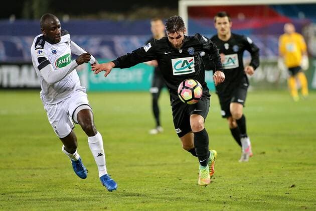 Maxime Josse (CA Bastia) vs Cheikh Ndoye (SCO Angers) FOOTBALL : CA Bastia vs SCO Angers - 1 8eme de finale coupe de France - 28 02 2017 GerardPierlovisi Panoramic 