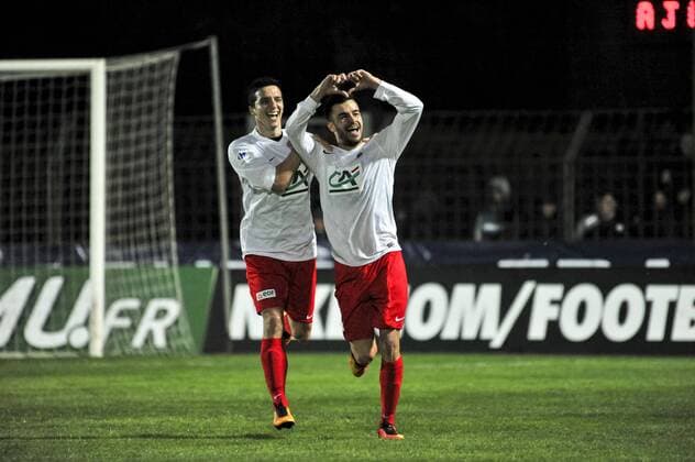 Karim Tlili (Frejus Saint Raphael) - Raphael Delvigne (Frejus Saint Raphael) -Joie frejus Saint Raphael FOOTBALL : Saint Raphael vs AJ Auxerre - 8e Coupe France - 28 02 2017 NorbertScanella Panoramic 