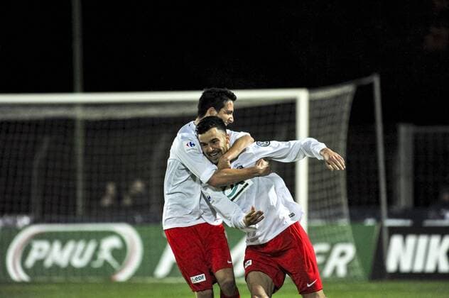 Karim Tlili (Frejus Saint Raphael) - Raphael Delvigne (Frejus Saint Raphael) -Joie frejus Saint Raphael FOOTBALL : Saint Raphael vs AJ Auxerre - 8e Coupe France - 28 02 2017 NorbertScanella Panoramic 