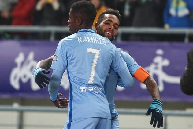 NANJING, CHINA - MARCH 01: Alex Teixeira 10 of Jiangsu Suning celebrates with Ramires after a goal during the AFC Champions League 2017 Group H match between Jiangsu Suning and Adelaide United at Nanjing Olympic Sports Centre on March 1, 2017 in Nanjing, Jiangsu Province of China.  Copyright: xVCGx CFP500825164 