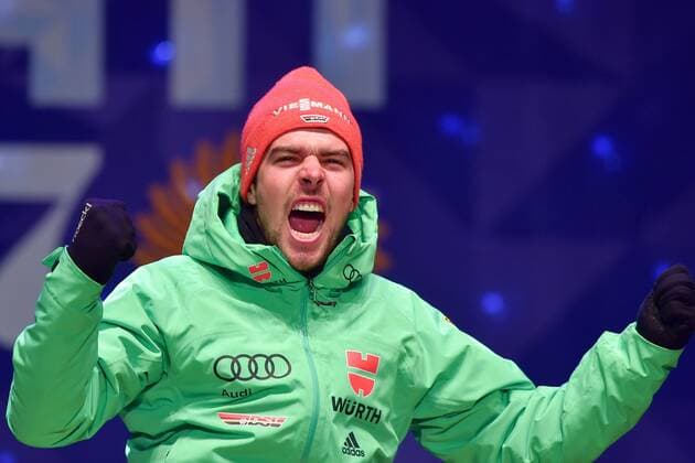 NORDIC SKIING - FIS WC Lahti 2017 LAHTI,FINLAND,01.MAR.17 - NORDIC SKIING, NORDIC COMBINED - FIS Nordic World Ski Championships, large hill, 10km Gundersen, award ceremony. Image shows the rejoicing of Johannes Rydzek (GER). GEPAxpictures xFlorianxErtl