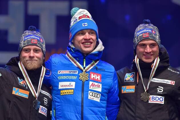 Nordische Ski-WM, 15km Langlauf der Herren, Siegerehrung NORDIC SKIING - FIS WC Lahti 2017 LAHTI,FINLAND,01.MAR.17 - NORDIC SKIING, CROSS COUNTRY SKIING - FIS Nordic World Ski Championships, 15km classic, men, award ceremony. Image shows Martin Johnsrud Sundby (NOR), Iivo Niskanen (FIN) and Niklas Dyrhaug (NOR). Keywords: medal. GEPAxpictures xFlorianxErtl