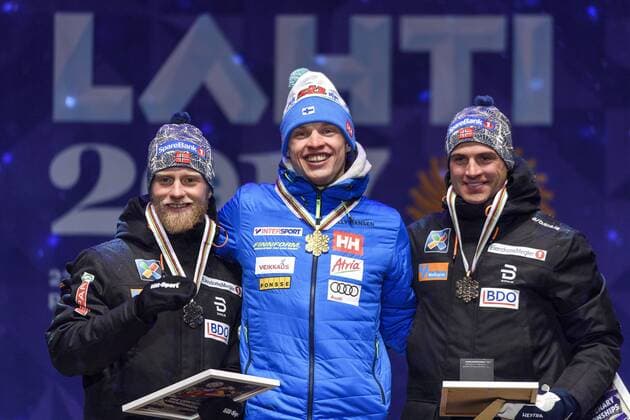 Nordische Ski-WM, 15km Langlauf der Herren, Siegerehrung Martin Johnsrud Sundby, Iivo Niskanen, Finland,, Niklas Dyrhaug - Lahti, Finnland - Nordische Ski WM, Langlauf, Siegerehrung.  Copyright: CARLxSANDIN BB170301CS174