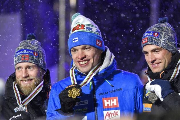 Nordische Ski-WM, 15km Langlauf der Herren, Siegerehrung Martin Johnsrud Sundby, Iivo Niskanen, Finland,, Niklas Dyrhaug - Lahti, Finnland - Nordische Ski WM, Langlauf, Siegerehrung.  Copyright: CARLxSANDIN BB170301CS192