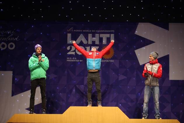 NORDIC SKIING - FIS WC Lahti 2017 LAHTI,FINLAND,03.MAR.17 - NORDIC SKIING, Ski jumping Skispringen Ski nordisch - FIS Nordic World Ski Championships, large hill, men, award ceremony. Image shows Andreas Wellinger (GER), Stefan Kraft (AUT) and Piotr Zyla (POL). GEPAxpictures xDanielxGoetzhaber