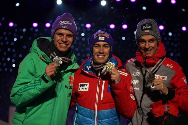 NORDIC SKIING - FIS WC Lahti 2017 LAHTI,FINLAND,03.MAR.17 - NORDIC SKIING, Ski jumping Skispringen Ski nordisch - FIS Nordic World Ski Championships, large hill, men, award ceremony. Image shows Andreas Wellinger (GER), Stefan Kraft (AUT) and Piotr Zyla (POL). kewords: medal. GEPAxpictures xDanielxGoetzhaber