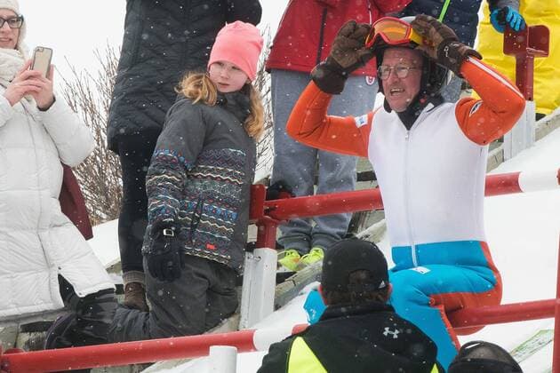 March 5, 2017 - Calgary, Alberta, CAN - Eddie the Eagle Edwards heads into a jump Sunday at WinSport, nearly 30 years after competing in the 1988 Winter Olympics. Eddie The Eagle Soars in Calgary - ZUMAr123 77629597st Copyright: xBadenxRothx