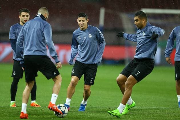 March 6, 2017 - Naples, Italy - Real Madrid s players James Rodriguez and Casimiro attend a training session under heavy rain on the eve of the Champions League football match Napoli vs Real Madrid on March 6, 2017 at the San Paolo stadium in Naples. Real Madrid Training and press conference PK Pressekonferenz  - ZUMAn230 20170306_zaa_n230_210 Copyright: xMatteoxCiambellix