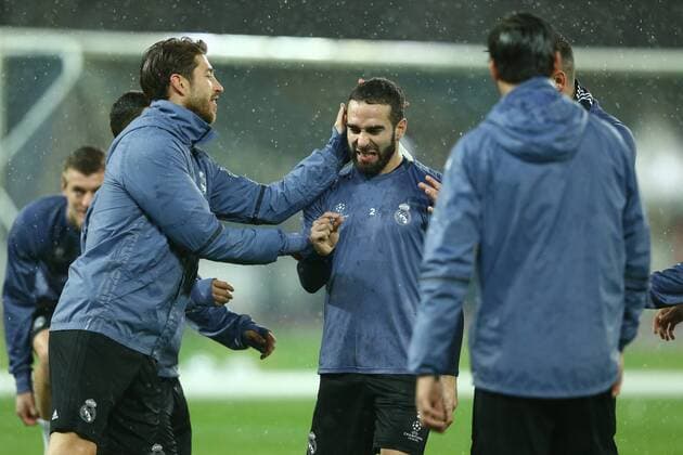 March 6, 2017 - Naples, Italy - Real Madrid s players Sergio Ramos and Daniel Carvajal attend a training session under heavy rain on the eve of the Champions League football match Napoli vs Real Madrid on March 6, 2017 at the San Paolo stadium in Naples. Real Madrid Training and press conference PK Pressekonferenz  - ZUMAn230 20170306_zaa_n230_216 Copyright: xMatteoxCiambellix