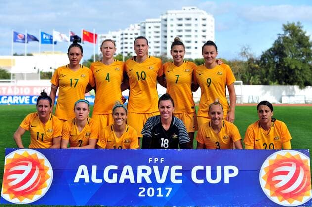 ALBUFEIRA, March 6, 2017 -- Players of Australia pose for a group photo ahead of the last round of Group C match between China and Australia at the Algarve Cup 2017 women s soccer tournament in Albufeira, Portugal on March 6, 2017. China lost 1-2. )(wll) (SP)PORTUGAL-ALBUFEIRA-SOCCER-ALGARVE CUP-CHN VS AUS ZhangxLiyun 