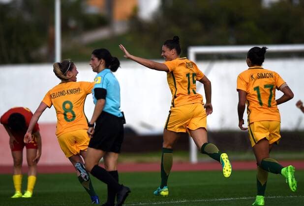 ALBUFEIRA, March 6, 2017 -- Emily Gielnik (2n, R) of Australia celebrates scoring with her teammate Elise Kellond-Knight (2nd L) during the last round of Group C match between China and Australia at the Algarve Cup 2017 women s soccer tournament in Albufeira, Portugal on March 6, 2017. China lost 1-2. )(wll) (SP)PORTUGAL-ALBUFEIRA-SOCCER-ALGARVE CUP-CHN VS AUS ZhangxLiyun 