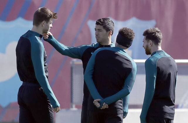 FC Barcelona Barca s Uruguayan forward Luis Suarez (2L), Spanish defender Gerard Pique (L), Brazilian forward Neymar da Silva (2R) and Argentine forward Leo Messi attend a training session at the Joan Gamper facilities in Barcelona, northeastern Spain, 07 March 2017. FC Barcelona will face PSG in a UEFA Champions League round of 16 second leg match at the Camp Nou stadium on 08 May. Training session of FC Barcelona !ACHTUNG: NUR REDAKTIONELLE NUTZUNG!  Copyright: xALBERTOxESTEVEZx GRA076 20170307-636244869694569405