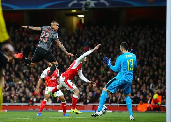 March 7th 2017, Emirates, London, England; UEFA Champions League football, Arsenal FC versus Bayern Munich; Arsenal Goalkeeper David Ospina saves a header from Arturo Vidal of Bayern Munich xMarkxKertonx  ActionPlus11854204