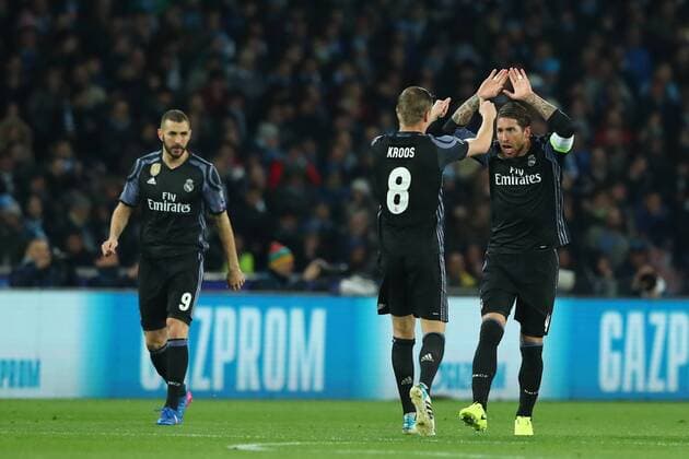 Fußball, CL, SSC Neapel - Real Madrid Sergio Ramos Real Madrid goal celebration, Toni Kroos Real Madrid Napoli 07-03-2017 Stadio San Paolo Football Calcio UEFA Champions League 2016 2017 Ottavi di Finale, Ritorno - Round of 16, 2st leg SSC Napoli-Real Madrid cesarexpurini