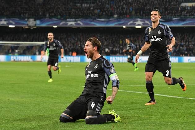 Themen der Woche - SPORT Bilder des Tages - SPORT Fußball, CL, SSC Neapel - Real Madrid Sergio Ramos Real 1-2 Goal celebration Napoli 07-03-2017 Stadio San Paolo Uefa Champions League 2016 2017 Round of 16 SSC Napoli-Real Madrid AndreaxStaccioli