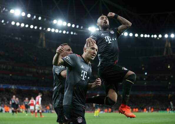 Munich s Arjen Robben celebrates soring his sides second goal during the Champions League Round of 16 match at the Emirates Stadium, London. Picture date March 7th, 2017 Pic David Klein Sportimage EDITORIAL USE ONLY. No use with unauthorised audio, video, data, fixture lists, club league logos or live services. Online in-match use limited to 120 images, no video emulation. No use in betting, games or single club league player publications.