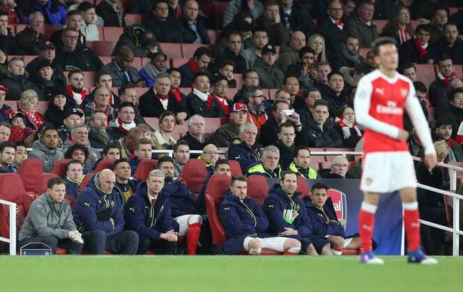 Arsenal s Arsene Wenger looks on dejected during the Champions League Round of 16 match at the Emirates Stadium, London. Picture date March 7th, 2017 Pic David Klein Sportimage EDITORIAL USE ONLY. No use with unauthorised audio, video, data, fixture lists, club league logos or live services. Online in-match use limited to 120 images, no video emulation. No use in betting, games or single club league player publications.