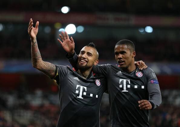Munich s Arturo Vidal celebrates soring his sides fifth goal during during the Champions League Round of 16 match at the Emirates Stadium, London. Picture date March 7th, 2017 Pic David Klein Sportimage EDITORIAL USE ONLY. No use with unauthorised audio, video, data, fixture lists, club league logos or live services. Online in-match use limited to 120 images, no video emulation. No use in betting, games or single club league player publications.