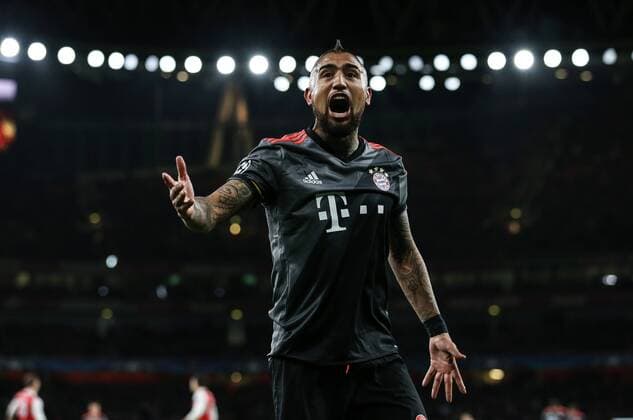Munich s Arturo Vidal celebrates scoring his sides fourth goal during the Champions League Round of 16 match at the Emirates Stadium, London. Picture date March 7th, 2017 Pic David Klein Sportimage EDITORIAL USE ONLY. No use with unauthorised audio, video, data, fixture lists, club league logos or live services. Online in-match use limited to 120 images, no video emulation. No use in betting, games or single club league player publications.