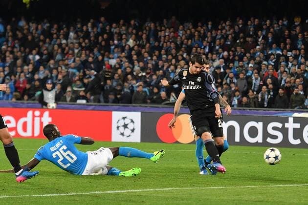 Fußball, CL, SSC Neapel - Real Madrid Gol Alvaro Morata Real 1-3 Goal celebration Napoli 07-03-2017 Stadio San Paolo Uefa Champions League 2016 2017 Round of 16 SSC Napoli vs. Real Madrid AndreaxStaccioli