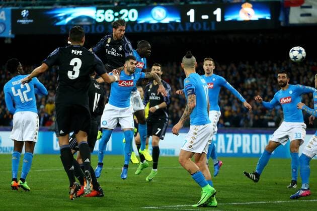 March 7, 2017 - Naples, Italy - Sergio Ramos of Real Madrid scoring the goal of 1-2 during the UEFA Champions League Round of 16 second leg match between SSC Napoli and Real Madrid CF at Stadio San Paolo on March 7, 2017 in Naples, Italy. SSC Napoli v Real Madrid CF - UEFA Champions League Round of 16: Second Leg  - ZUMAn230 20170307_zaa_n230_463 Copyright: xMatteoxCiambellix