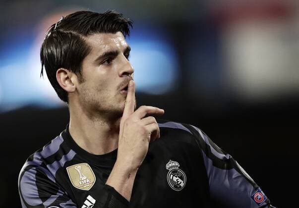 Italy Soccer Champions League: Real Madrid beats Napoli 3-1 Real Madrid Alvaro Morata celebrates after scoring during the round of 16 second leg soccer match Champions League between Napoli and Real Madrid at the San Paolo stadium. Real Madrid won 3-1 to reach the quarter-finals  IsabellaxBonottox xPacificxPress