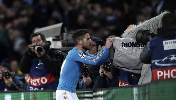 Italy Soccer Champions League: Real Madrid beats Napoli 3-1 NapoliÕs Dries Mertens celebrates after scoring during the round of 16 second leg soccer match Champions League between Napoli and Real Madrid at the San Paolo stadium. Real Madrid won 3-1 to reach the quarter-finals  IsabellaxBonottox xPacificxPress