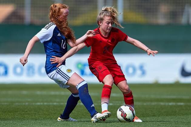 Spain: Friendly international match Länderspiel at La Manga Carla Boyce of Scotland L and Leonie Doege of Germany R competes for the ball during the International Friendly Länderspiel match U19 between Germany Women vs Scotland Women at La Manga Club on March 07, 2017 at la Manga Club, Spain.  SergioxLopezx xPacificxPress