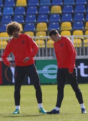 ROSTOV-ON-DON, RUSSIA - MARCH 8, 2017: Manchester United ManU s Marouane Fellaini (L) during a training session ahead of their 2016-17 UEFA Europa League Round of 16, 1st leg football match against FC Rostov. Valery Matytsin TASS  TS043994