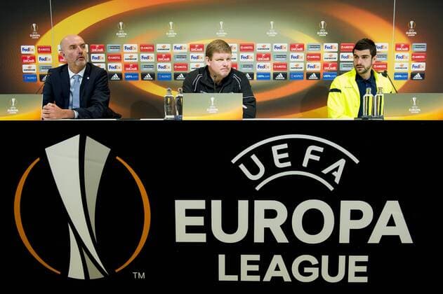 Gent s Marc Van Lysebetten, Gent s head coach Hein Vanhaezebrouck and Gent s Stefan Mitrovic pictured during a press conference PK Pressekonferenz of Belgian soccer team KAA Gent, Wednesday 08 March 2017, in Gent. Tomorrow Gent is playing a first-leg game of 1 8 finals of the Europa League competition against Belgian club KRC Genk. JASPERxJACOBS  x05060715x