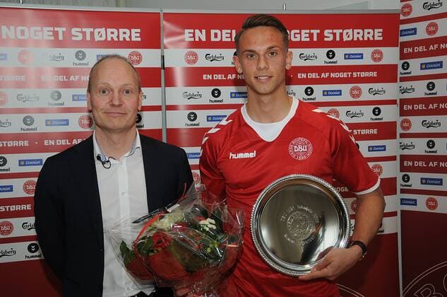Brondby Copenhagen Denmark - Trainer U21 U 21 team Niels Frederiksen with Talent pize winner Marcus Ingvartsen football player with FCN Denmark. 08.March 2017 - 