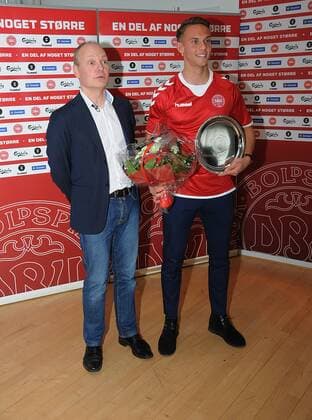 Brondby Copenhagen Denmark - Trainer U21 U 21 team Niels Frederiksen with Talent pize winner Marcus Ingvartsen football player with FCN Denmark. 08.March 2017 - 