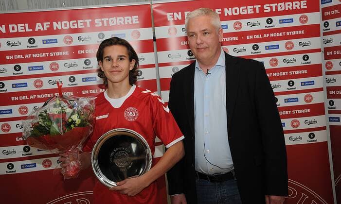 Brondby Copenhagen Denmark - 08.March 2017 -Victor Jensen footbll player with FCCopenhgen rewarding Talent prize with Flemming Berg talent expert at award ceremony in Footbal house . 