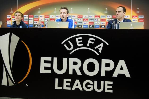 Genk s Jere Uronen and Genk s head coach Albert Stuivenberg pictured during a press conference PK Pressekonferenz of Belgian soccer team KRC Genk, Wednesday 08 March 2017, in Gent. Tomorrow Gent is playing a first-leg game of 1 8 finals of the Europa League competition against Belgian club KRC Genk. JASPERxJACOBS  x05060857x