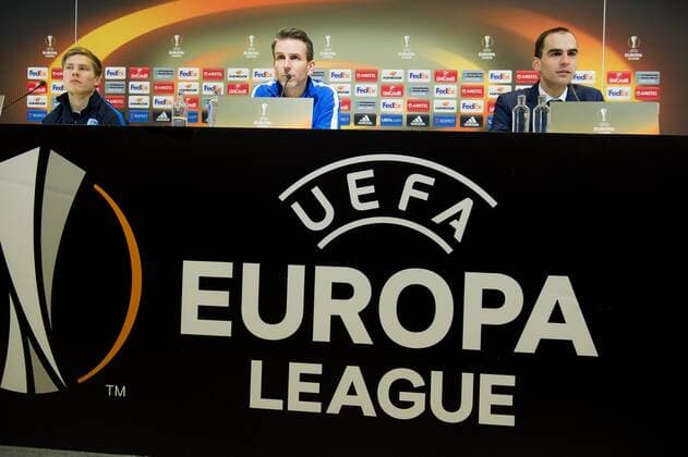 Genk s Jere Uronen and Genk s head coach Albert Stuivenberg pictured during a press conference PK Pressekonferenz of Belgian soccer team KRC Genk, Wednesday 08 March 2017, in Gent. Tomorrow Gent is playing a first-leg game of 1 8 finals of the Europa League competition against Belgian club KRC Genk. JASPERxJACOBS  x05060856x