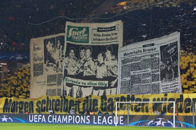 08.03.2017, xkvx, Fussball Champions League, Borussia Dortmund - Benfica Lissabon, emspor, v.l. Choreo Borussia Dortmund Fans Suedtribuene Stimmung Gesang Niedergspielt Dortmund