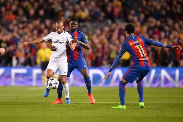 07 LUCAS MOURA (psg) - 23 Samuel Umtiti (bar) - Fussball, Champions League, FC Barcelona vs. Paris Saint Germain PSG - 08 03 2017 AnthonyBIBARD FEP Panoramic 