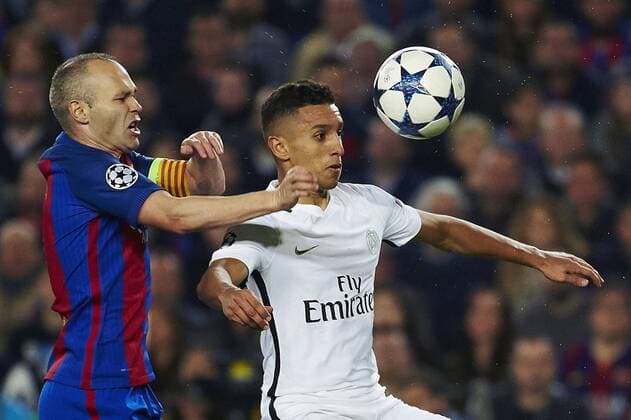 Paris Saint-Germain s Brazilian defender Marquinhos (R) vies for the ball with Andres Iniesta of FC Barcelona Barca during the UEFA Champions league second leg round of 16 match between FC Barcelona and Paris Saint-Germain at Camp Nou stadium in Barcelona, Catalonia, Spain, 08 March 2017. FC BARCELONA VS. PARIS SAINT-GERMAIN !ACHTUNG: NUR REDAKTIONELLE NUTZUNG!  Copyright: xAlejandroxGarcíax BCN001 20170308-636246061375542870
