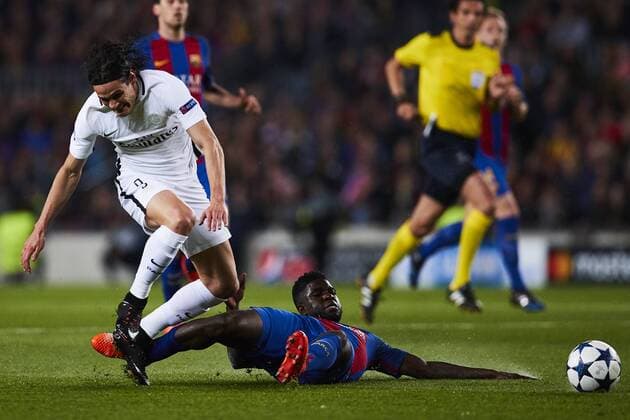 08.03.2017, xslx, Fussball Champions League, FC Barcelona Barca - Paris St. Germain, emspor vl Edinson Cavani (Paris Saint-Germain), Samuel Umtiti (FC Barcelona) Barcelona