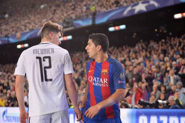 09 LUIS SUAREZ (bar) - 12 THOMAS MEUNIER (psg) - ALTERCATION - Fussball, Champions League, FC Barcelona vs. Paris Saint Germain PSG - 08 03 2017 AnthonyBIBARD FEP Panoramic 