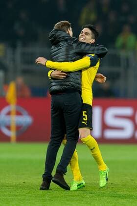 Dortmund, Germany 08.03.2017, UEFA Champions League - 2016 17 Season, Round of 16, Second leg, BV Borussia Dortmund - Benfica Lissabon, Trainer Thomas Tuchel (BVB) und Marc Bartra (BVB) jubeln nach dem sieg ( DeFodi001