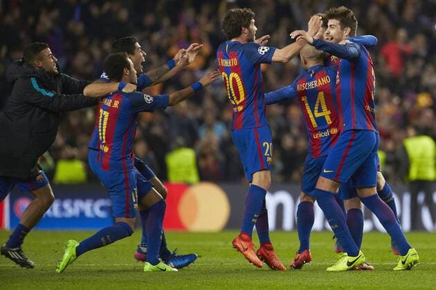 FC Barcelona Barca s players jubilate the victory after the UEFA Champions league second leg round of 16 match between FC Barcelona and Paris Saint-Germain at Camp Nou stadium in Barcelona, Catalonia, Spain, 08 March 2017. FC BARCELONA VS. PARIS SAINT-GERMAIN !ACHTUNG: NUR REDAKTIONELLE NUTZUNG!  Copyright: xAlejandroxGarciax BCN001 20170308-636246116591022847
