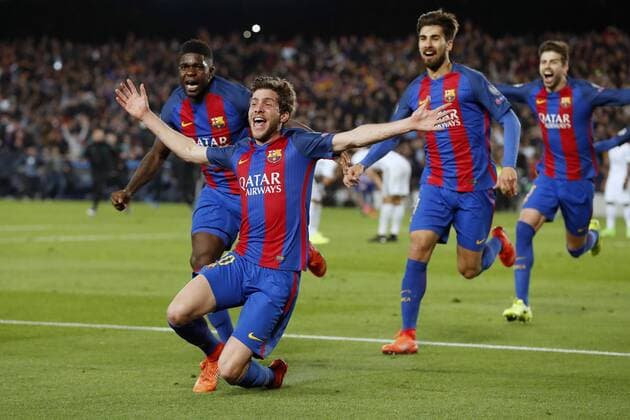 Bilder des Tages - SPORT Fußball, CL, FC Barcelona - Paris St. Germain (L-R) Samuel Umtiti of FC Barcelona Barca Sergi Roberto of FC Barcelona, Andre Gomes of FC Barcelona, Gerard Pique of FC Barcelonaduring the UEFA Champions League round of 16 match between FC Barcelona and Paris Saint Germain on March 08, 2017 at the Camp Nou stadium in Barcelona, Spain. FC Barcelona v Paris Saint Germain UEFA Champions League 2016 2017 xVIxxIVx 7287187