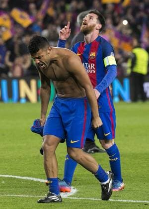 Fußball, CL, FC Barcelona - Paris St. Germain March 8, 2017 - Barcelona, Spain - Leo Messi and Rafinha Alcantara celebration at the end of the match UEFA Champions League between F.C. Barcelona v PSG, in Barcelona, on march 08, 2017. FC Barcelona Barca v Paris Saint-Germain - UEFA Champions League Round of 16: Second Leg  - ZUMAn230 20170308_zaa_n230_578 Copyright: xJoanxVallsx
