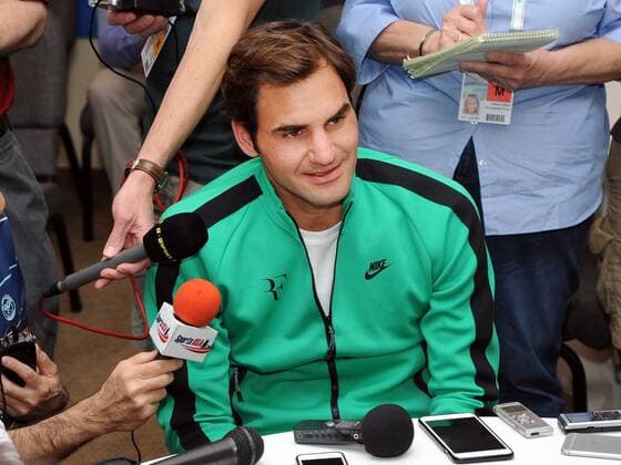 INDIAN WELLS, CA - MARCH 08: ATP Tennis Herren tennis player Roger Federer (SUI) does interviews during Player Media Day held during the BNP Paribas Open, on March, 8, 2017, at the Indian Wells Tennis Garden in Indian Wells, CA. (Photo by John Cordes Icon Sportswire) TENNIS: MAR 08 BNP Paribas Open Icon506170308054 EDITORIAL USE ONLY