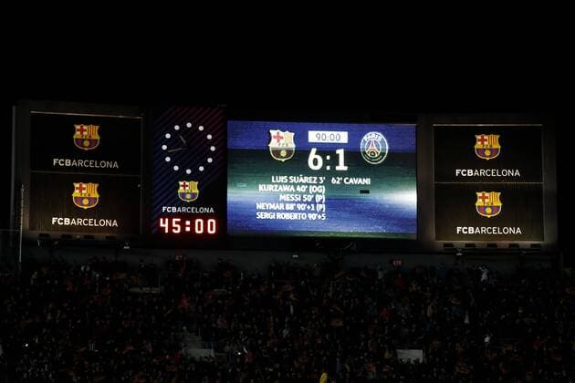 Fußball, CL, FC Barcelona - Paris St. Germain ANZEIGETAFEL FC Barcelona Barca nach Abpfiff Champions League Saison 2016-2017 Spiel Achtelfinale Rueckspiel FC Barcelona - Paris Saint Germain 6 : 1 am 008.03. 2017 im Camp Nou in Barcelona 